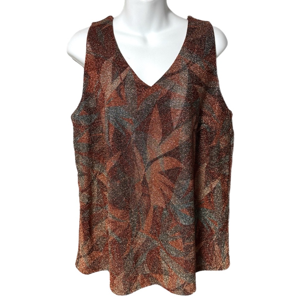 Like Love Copper Rust Metallic Shimmer Leaf Print Tank Top M Party Disco V Neck